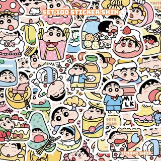  100 sticker Shin cậu bé bút chì phong cách đồ ăn hình dán cắt sẳn không trùng nhau trang trí 4cm 6cm 