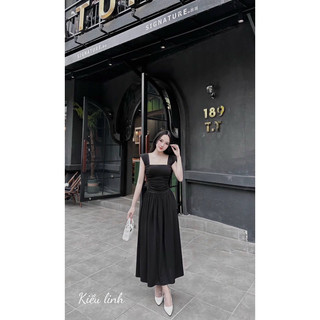 Đầm dài cổ vuông nhún eo