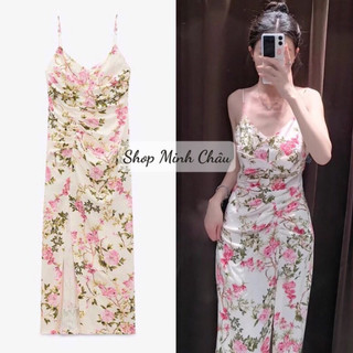 (Sẵn) Váy 2 dây midi hoa hồng nhún eo Zarraa