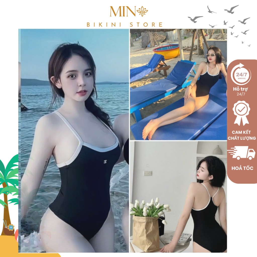 ĐỒ BƠI NỮ ĐI BIỂN BIKINI 1 MẢNH LIỀN THÂN 2 DÂY ĐEN VIỀN TRẮNG