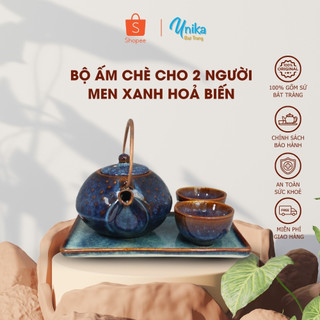 Bộ Ấm Chè Men Xanh Hoả Biên ACTX-07  cho 2 người - Bộ Ấm Trà Men Xanh Hoả Biến Cho 2 Người - Gốm Sứ Cao Cấp Bát Tràng
