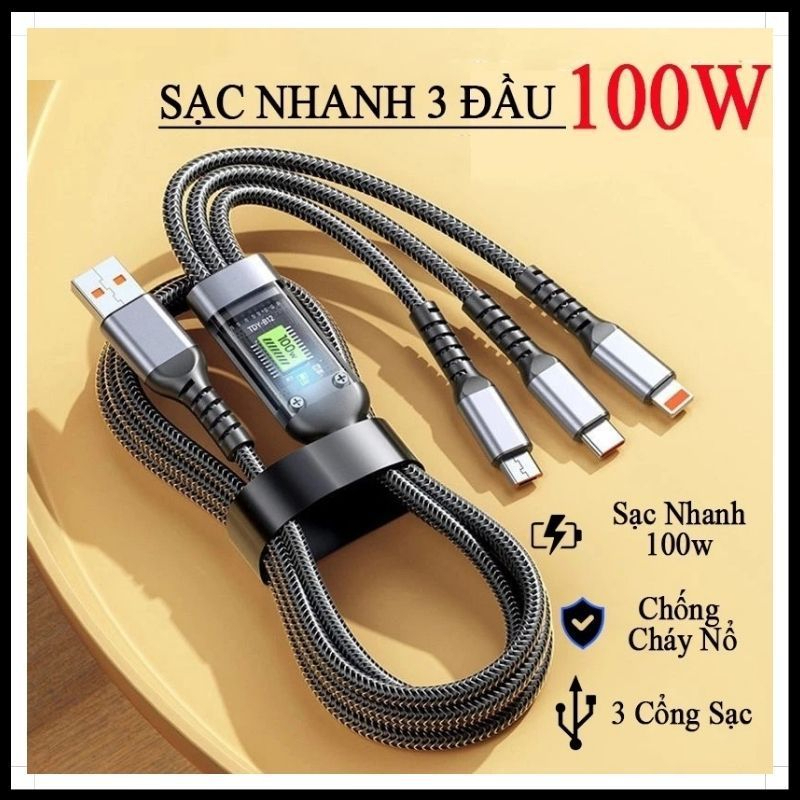 Dây Cáp Sạc Nhanh - Dây Sạc Tự Ngắt 3 Đầu 100W  Micro USB Type C 3 trong 1 Dài 1m2 Chống Đứt, Chống Rối-Dây Sạc nhanh