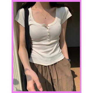 Áo croptop ngắn tay bun222 cổ tròn phối khuy bấm form dáng basic chất thun tăm co giãn dễ phối đồ