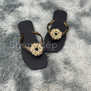 Dép kẹp xỏ ngón tông lào nữ mũi vuông đính charm Nguyệt Quế sang trọng, lấp lánh thời trang nhiều màu lựa chọn