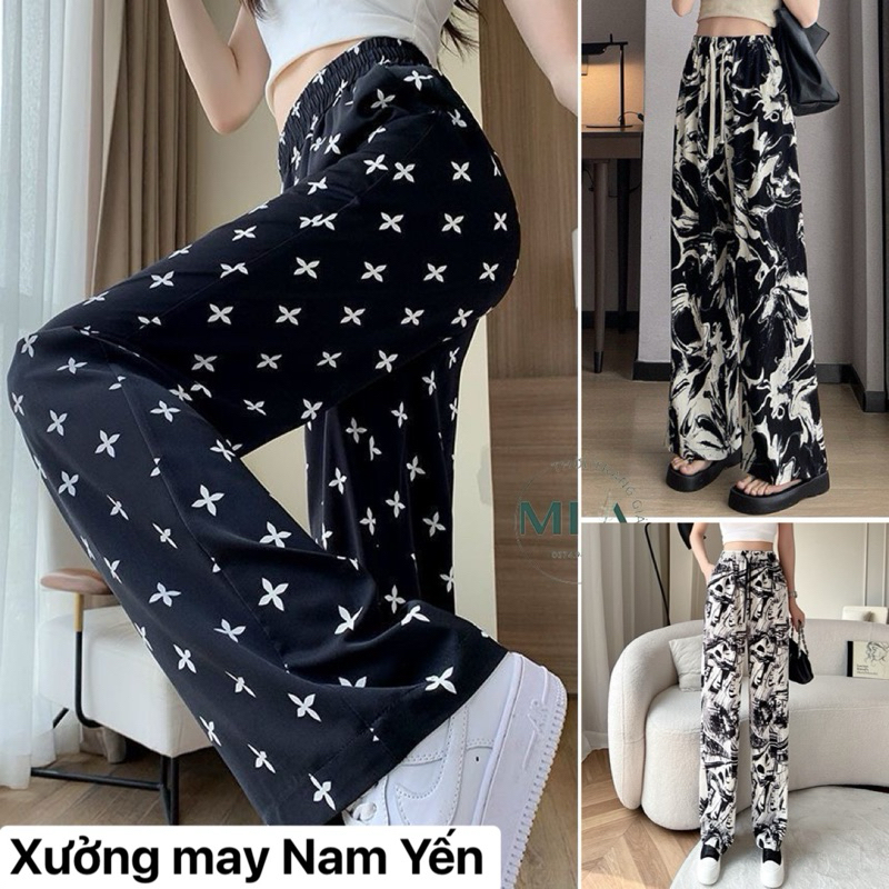 Quần suông lụa họa tiết hot trend 2024 chất lụa mềm mịn mát cạp chun co giãn