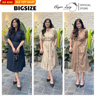 Váy nữ bigsize ngắn tay chất thô 2 da DÁNG SUỐNG DÀI cúc ẩn cổ V tay nhún phồng KÈM ĐAI hot trend Huyền Lucy Bigsize
