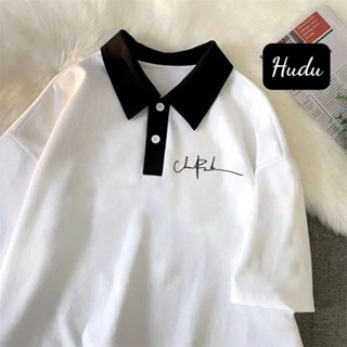 Áo polo form rộng nam nữ unisex, Áo thun có cổ đi học in chữ kí