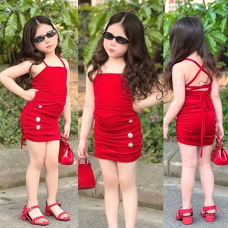 Váy bé gái , sét áo yếm dây buộc lưng phối cv nhún sành điệu cho bé gái