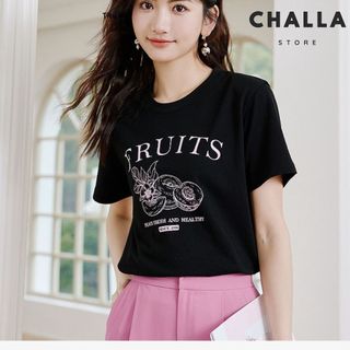Áo thun nữ cổ tròn tay ngắn form vừa màu Đen, In hình FRUITS chất vải cotton 100% thoáng mát mềm mịn
