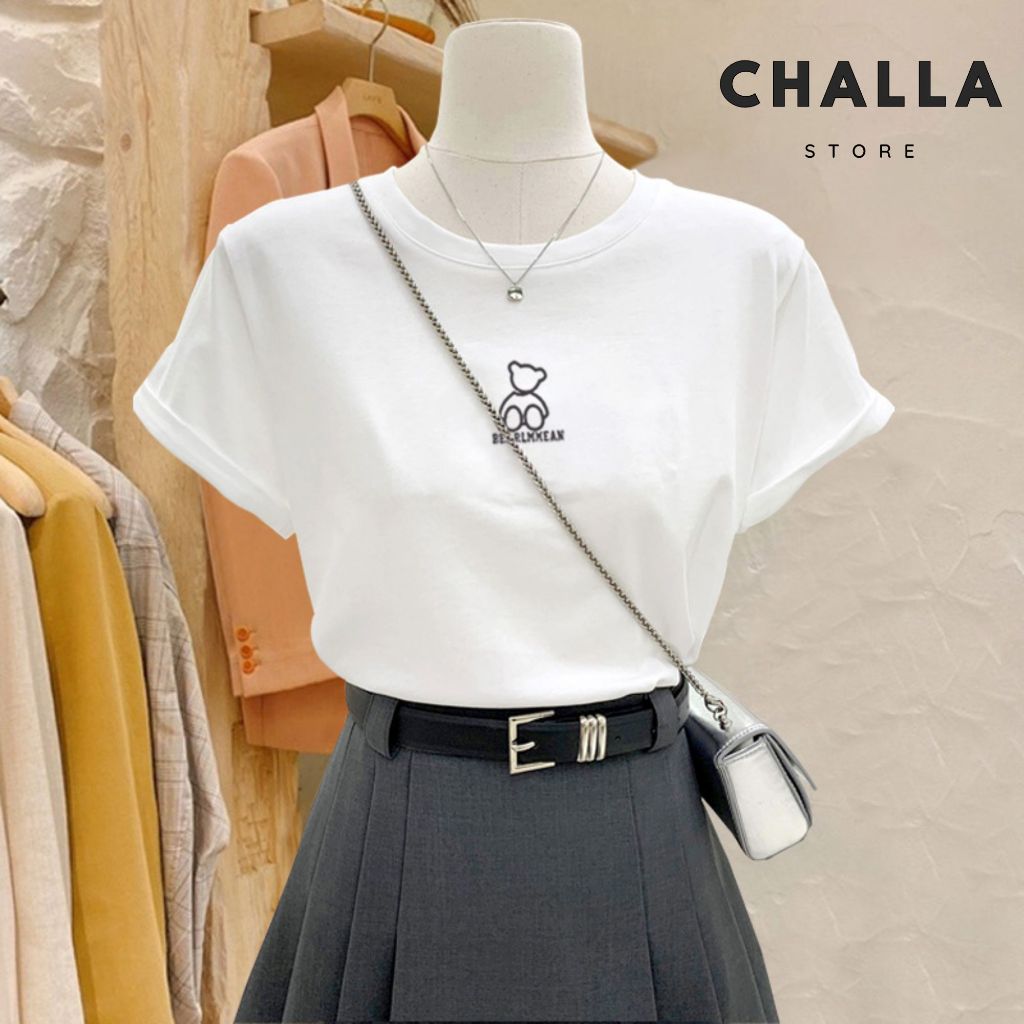Áo phông nữ form vừa chất COTTON 100% mềm mịn, thoáng mát, màu TRẮNG, in hình GẤU NHỎ
