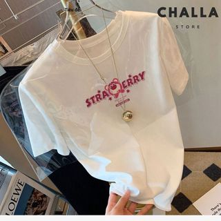 Áo thun nữ form vừa màu trắng cổ tròn tay ngắn, In GẤU DÂU, Cotton 100% thoáng mát mềm mịn.