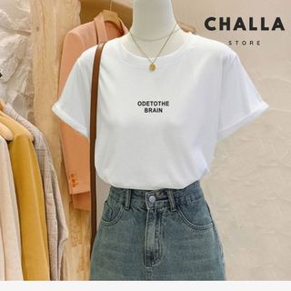 Áo thun nữ form vừa cổ tròn tay ngắn màu trắng, In chữ BRAIN, Cotton 100% thoáng mát, mềm mịn.