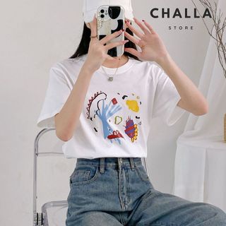 Áo thun nữ form vừa cổ tròn tay ngắn màu trắng, In hình, chất vải cotton 100% thoáng mát mềm mịn.