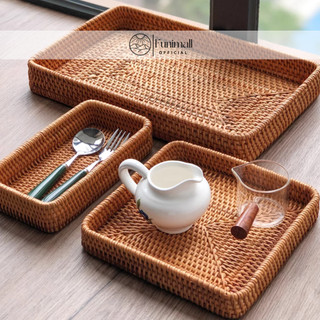Khay mây chữ nhật, khay đựng đồ ăn khô, hoa quả, đồ gia dụng decor, khay 3 chi tiết đa năng, trang trí Funimall Official