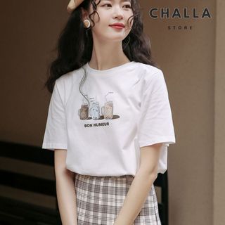 Áo thun nữ form vừa màu trắng tay ngắn cổ tròn, In hình TRÀ ĐÀO, chất vải cotton 100% thoáng mát mềm mịn.
