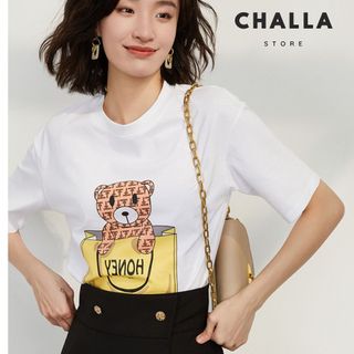 Áo thun nữ phom vừa màu trắng, tay ngắn cổ tròn, In hình TEDDY Vải Cotton 100% mềm mịn thoáng mát
