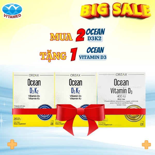 (Mua 2) OCEAN D3 K2 20ml, Vitamin D3 K2 cho bé, trẻ em tặng 1 OCEAN Vitamin D3 Thuần