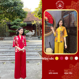 Đồ lam đi chùa khánh an, đồ đi chùa nữ,pháp phục tay lỡ lụa vân gỗ cao cấp