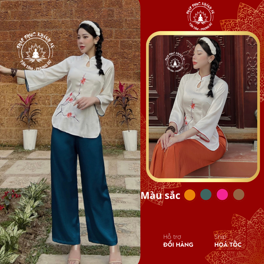 Pháp Phục Thêu Hoa Đào Lụa Nhật Cao cấp Pháp Phục Khánh An