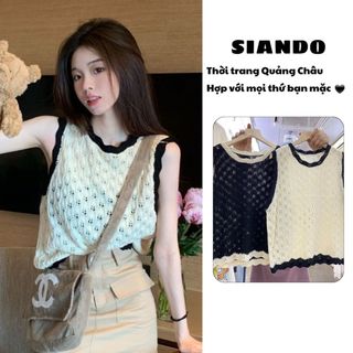 Áo ba lỗ lưới len đan trơn hàng Quảng Châu phối viền dáng rộng Chất đẹp Siando AL01