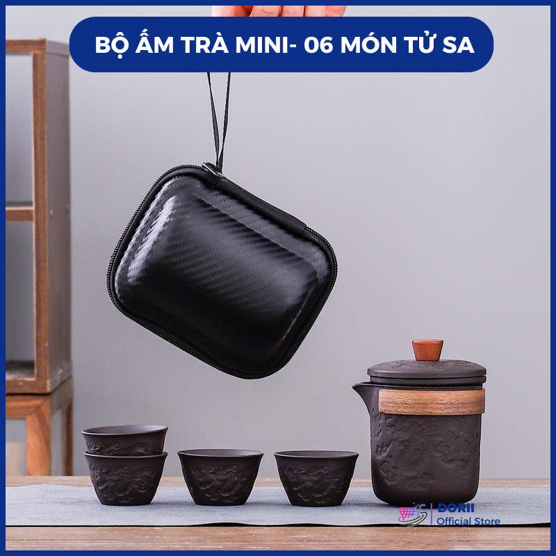 Bộ Ấm Trà Mini Tử Sa 06 Món, Bộ Ấm Chén Gốm Sứ Khắc Hoa Văn Nổi Cao Cấp, Bộ Ấm Pha Trà Du Lịch Mang Đi Tặng Biếu