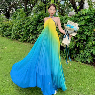  Đầm maxi đi biển dập ly loang màu xanh dương dạ vàng cổ xoắn dây rời 135cm - Maxingoclan