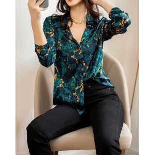 Sơ mi nư lụa satin cao cấp, hoạ tiết đep, áo nư công sơ A4505