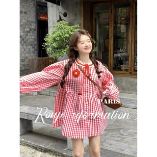 Đầm babydoll kẻ đỏ cổ hoa len jiwa taobao
