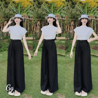 Set bộ áo thun gân tăm trắng quần suông ống rộng phối dây nơ bst17013100