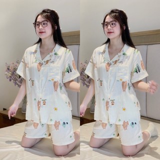 Bộ pijama Xô nhật sợi tre bộ ngủ nữ bộ mặc nhà dễ thương đồ bộ nữ chất siêu mát vải xô sợi tre tay cộc quần cộc
