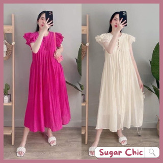 Đầm dáng suông tay cánh tiên phối nút nhẹ nhàng thanh lịch bầu bí bon chen, váy cánh tiên phối cúc suông đũi tơ 2 lớp