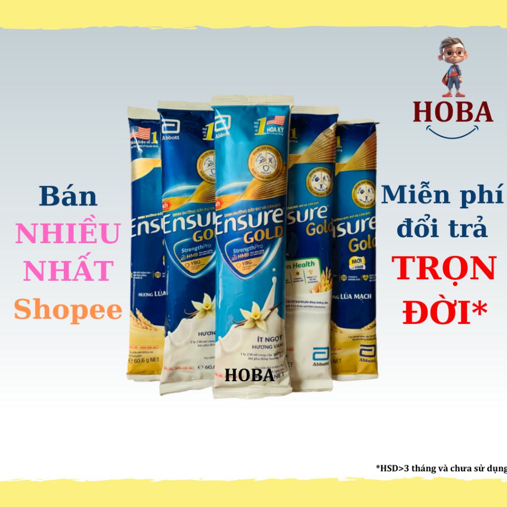 Sữa gói Ensure gold hương Vani, ít ngọt, cà phê, hạnh nhân (ăn chay), lúa mạch 60.6g