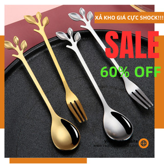 Thìa cà phê inox nĩa inox HÌNH LÁ, muỗng cà phê inox màu vàng bạc 13cm
