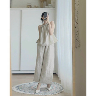 Chenroom Set linen áo cổ yếm và quần suông dễ thương basic