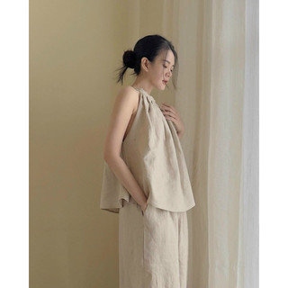 Chenroom Set linen áo cổ yếm và quần suông dễ thương basic