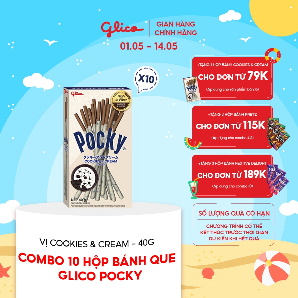 Combo 10 hộp Bánh que Glico Pocky vị Cookies &amp; Cream 40gr