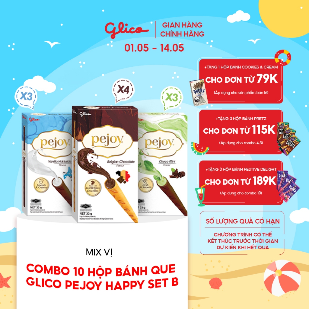Combo 10 hộp Bánh que nhân kem Glico Pejoy Set Full Happiness mix vị (4 Socola - 3 Vani Hokkaido - 3 Choco Mint)