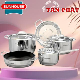 Bộ nồi chảo inox 5 đáy SUNHOUSE SHG995 được làm bằng chất liệu inox chất lượng, kiểu dáng sang trọng, vung inox bền đẹp