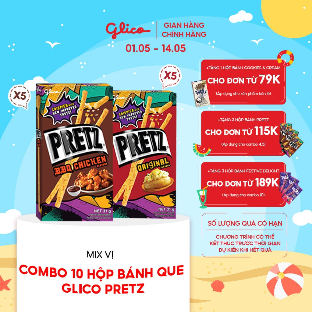 Combo 10 hộp Bánh que mặn nướng giòn Glico Pretz Happy Set A mix vị (5 BBQ Gà nướng - 5 Khoai tây)