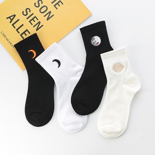 Tất vớ nam nữ unisex cổ trung THÊU hình mặt trăng mặt trời sắc nét