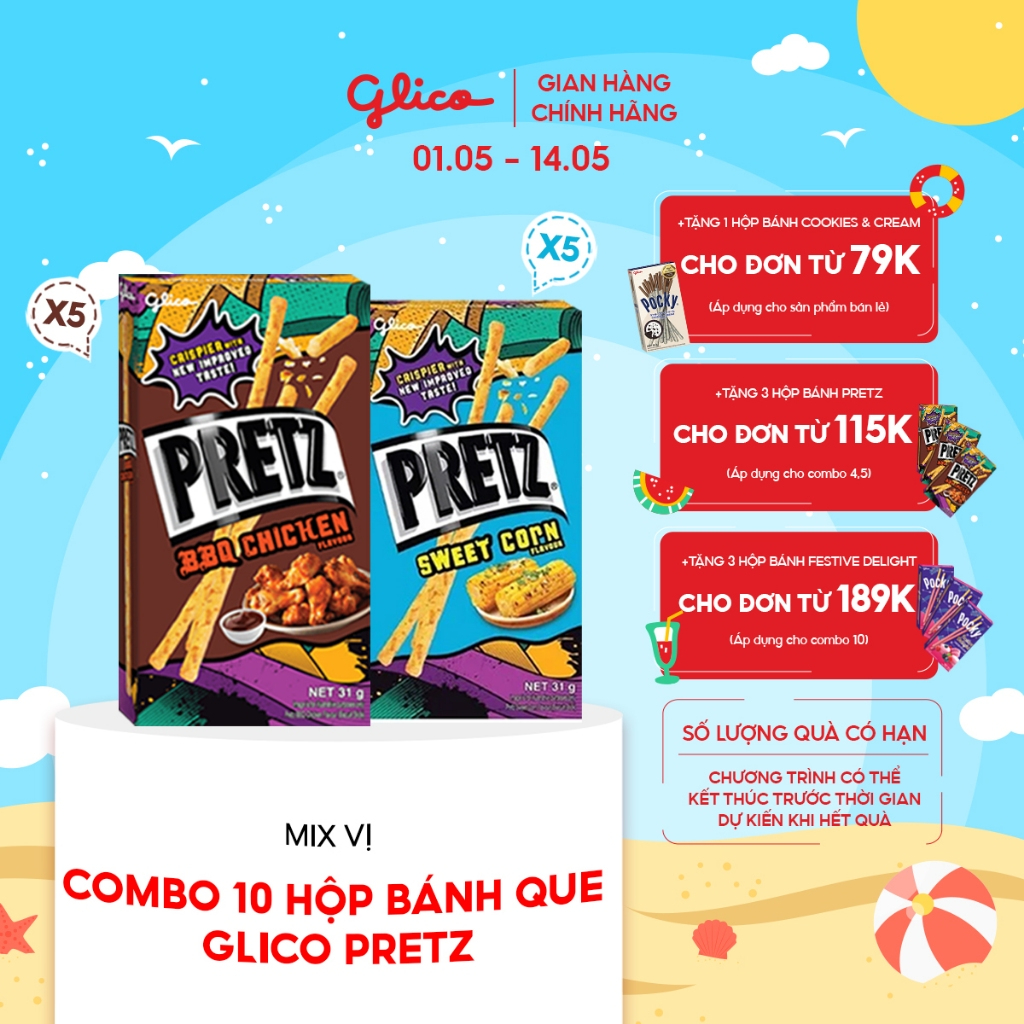 Combo 10 hộp Bánh que mặn nướng giòn Glico Pretz Happy Set C mix vị (5 BBQ Gà nướng - 5 Bắp ngọt)