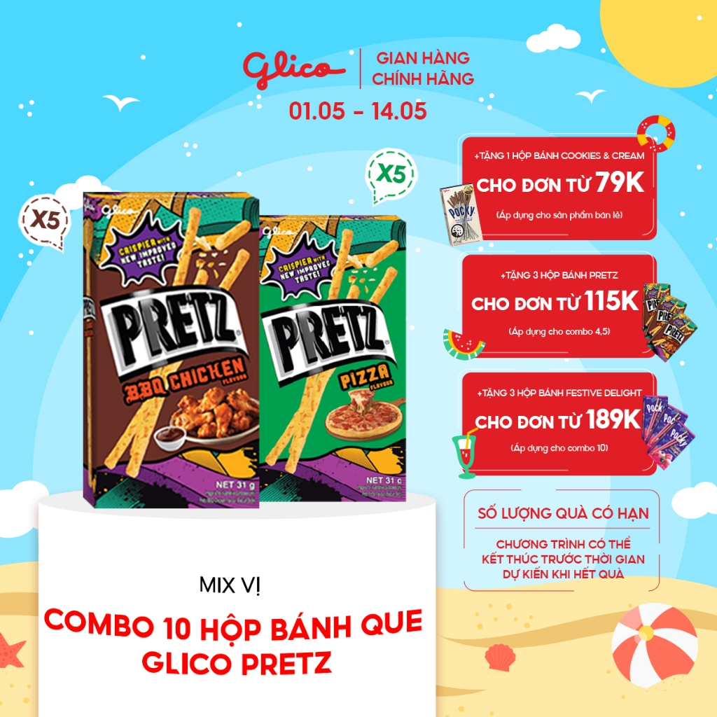 Combo 10 hộp Bánh que mặn nướng giòn Glico Pretz Happy Set B mix vị (5 BBQ Gà nướng - 5 Pizza)