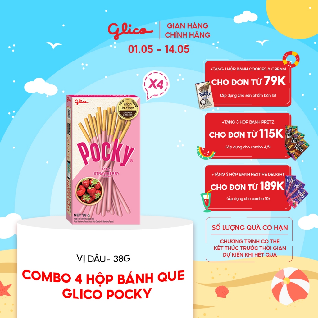 Combo 4 hộp Bánh que Glico Pocky vị Dâu 38gr