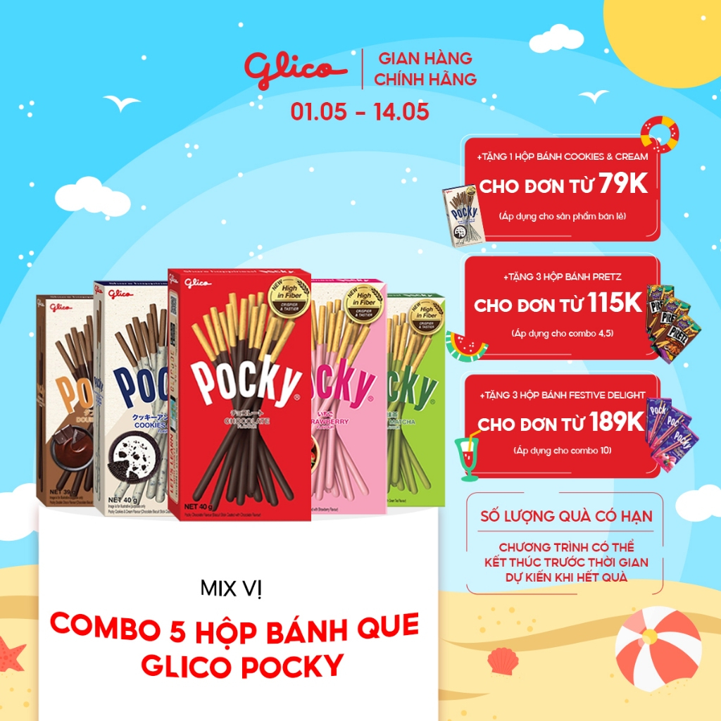 Combo 5 hộp Bánh que Glico Pocky mix vị (1 Socola  - 1 Dâu - 1 Cookies &amp; Cream - 1 Matcha - 1 Double Choco)