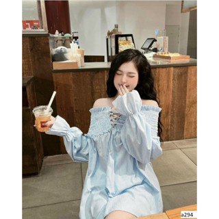BARE_Áo trễ vai tay phồng tay dài nữ form áo dấu quần phối dây đan bánh bèo- A294