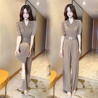 Jumpsuit Dài 💝FREESHIP💝 Jum dài ống suông cổ chữ V phối Đai eo xinh xắn màu Nâu Tây J245