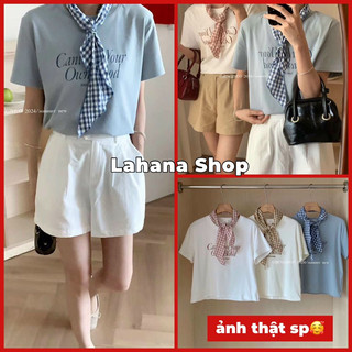 Lahana@ áo phông dáng vừa mát kèm khăn caro kẻ qc