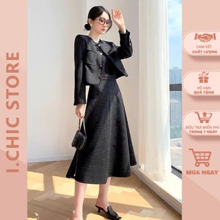 Set bộ dạ đen s047 chân váy xòe dài áo khoác ngoài sang chảnh ichic