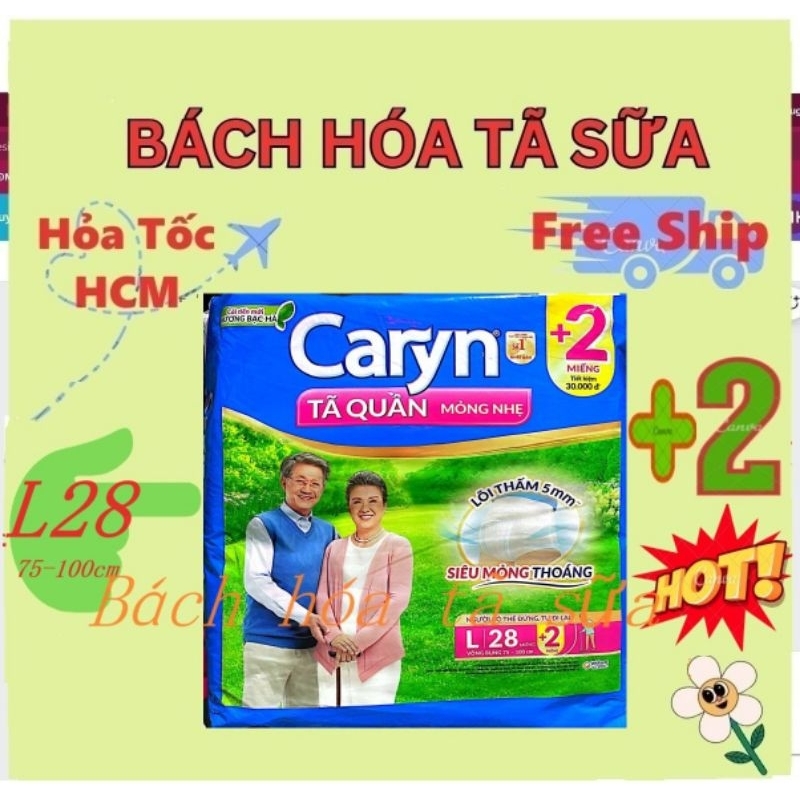 (Tặng 4 hoặc 2 miếng) Tã quần người lớn caryn L 28 +2 miếng hoăc 2 gói L14+2 siêu thấm vòng bụng 75-100cm. tã người già