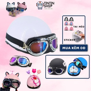 Combo Mũ Bảo Hiểm Nửa Đầu 1/2 Lót Ép, Khóa Đỏ + Kính Phi Công (Tặng STIKER + Chọn Quà Tặng Kèm)